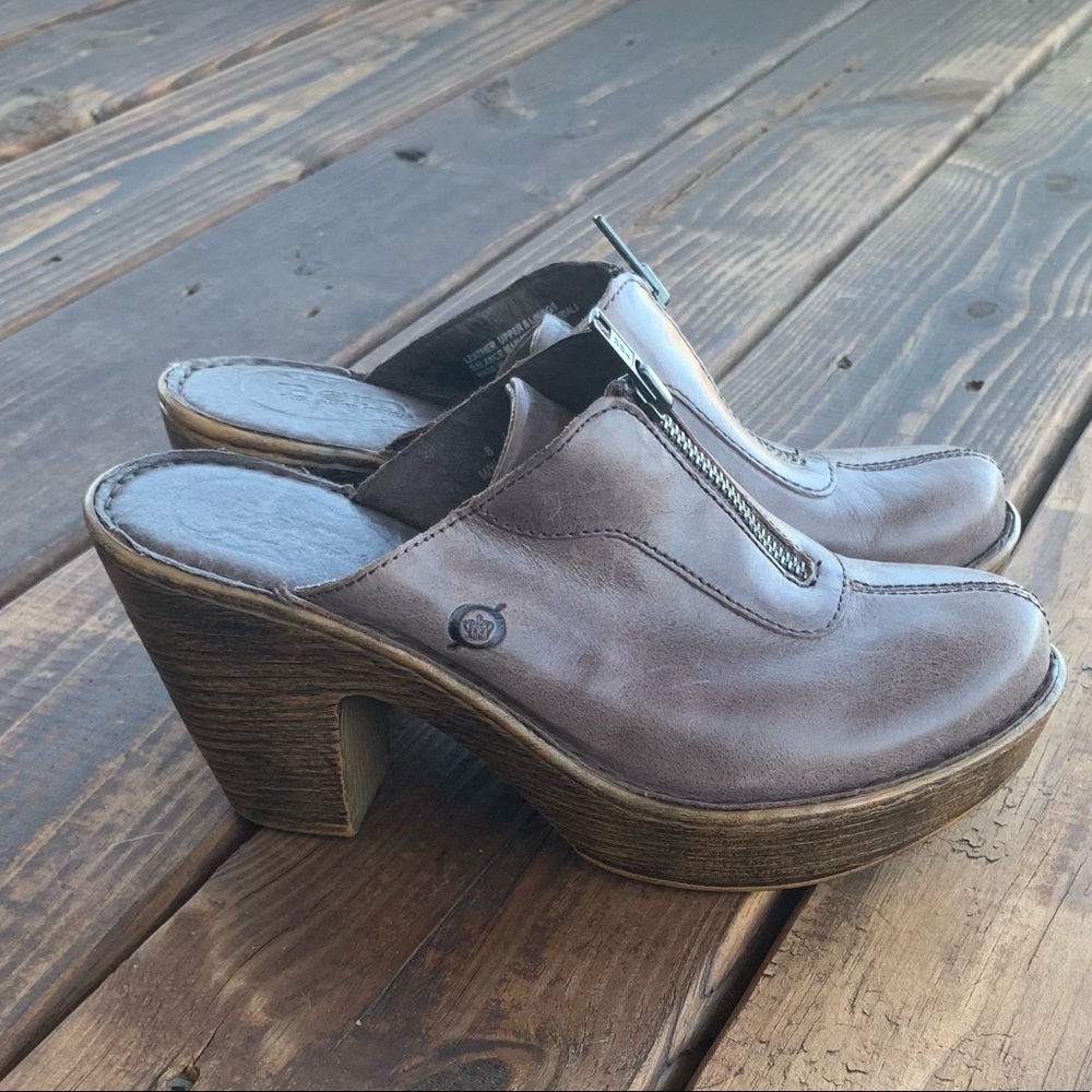 Born Haledon Pewter Brown Leather Mule Clog Shoe Woodgrain US 8 Med EU 39 EUC